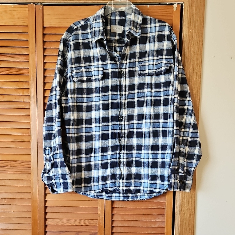 Jachs Blue and White Plaid Casual Button Down Shirt